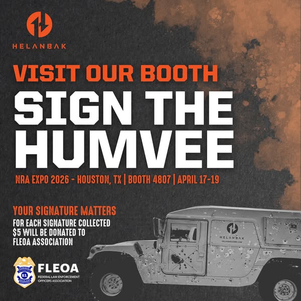 Helanbak poster: Sign the Humvee, NRA Expo 2026, Houston, $5 donated to the FLEOA Association for each signature